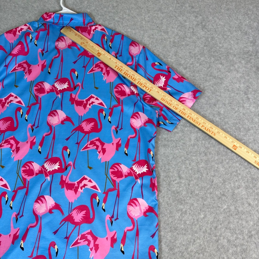 Mens Pink Flamingo Print Short Sleeve Button Up Shirt Blue XXL Tropical Summer - Picture 7 of 13